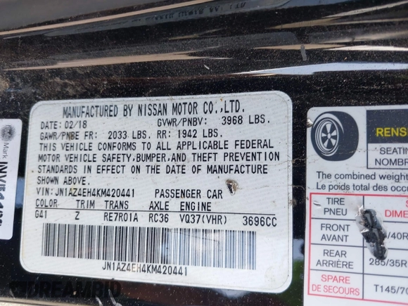 2019 Nissan 370Z Sport Touring with VIN JN1AZ4EH4KM420441, listed as a IAAI auction lot 41937742 with 80,784 mi miles and . Bid and sale history available at DreamBid. Image 9.