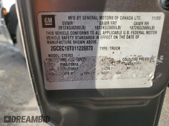 2001 Chevrolet Silverado 1500 LS with VIN 2GCEC19T011226870, listed as a Copart auction lot 85949824 with Not Provided miles and Salvage Title. Bid and sale history available at DreamBid. Image 12.