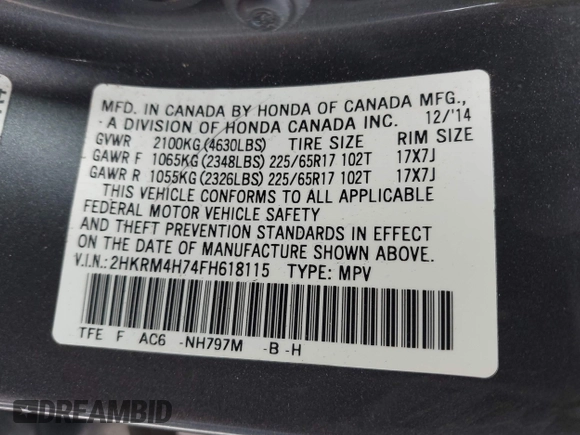 2015 Honda CR-V EX-L with VIN 2HKRM4H74FH618115, listed as a IAAI auction lot 42045882 with 224,818 mi miles. Bid and sale history available at carsss.com. Image 9.