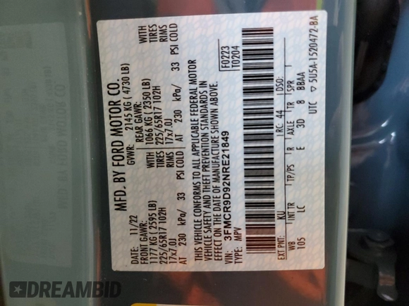 2022 Ford Bronco Sport Badlands z VIN 3FMCR9D92NRE21849, wystawiony jako Copart lot #56589985 z przebiegiem Nie podano mil oraz Szkoda całkowita • Salvage title. Historia ofert i sprzedaży dostępna na DreamBid. Obrazek 14.