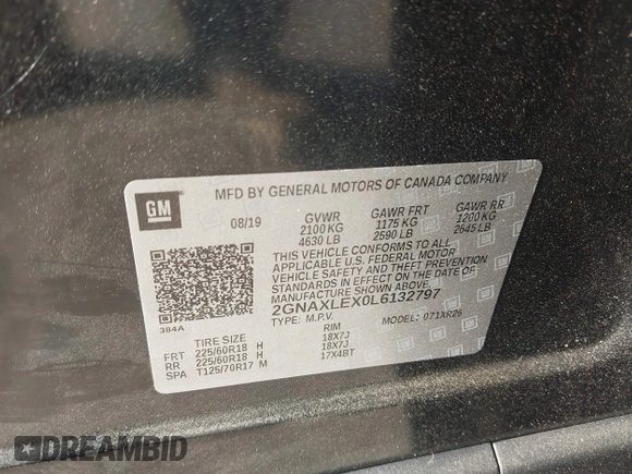 2020 Chevrolet Equinox LT with VIN 2GNAXLEX0L6132797, listed as a IAAI auction lot 41845477 with 31,901 mi miles. Bid and sale history available at carsss.com. Image 9.