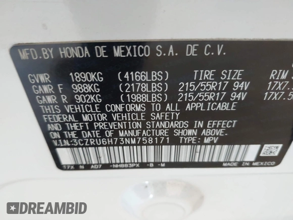 2022 Honda HR-V EX-L with VIN 3CZRU6H73NM758171, listed as a IAAI auction lot 41630669 with 29,391 mi miles. Bid and sale history available at carsss.com. Image 9.