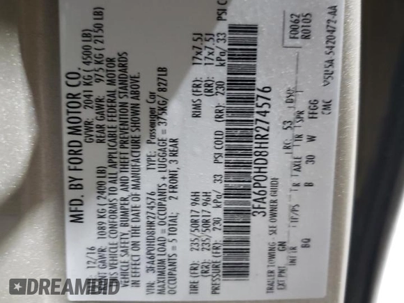 2017 Ford Fusion SE with VIN 3FA6P0HD8HR274576, listed as a Copart auction lot 41805145 with 149,893 mi miles and Salvage title. Bid and sale history available at DreamBid. Image 12.