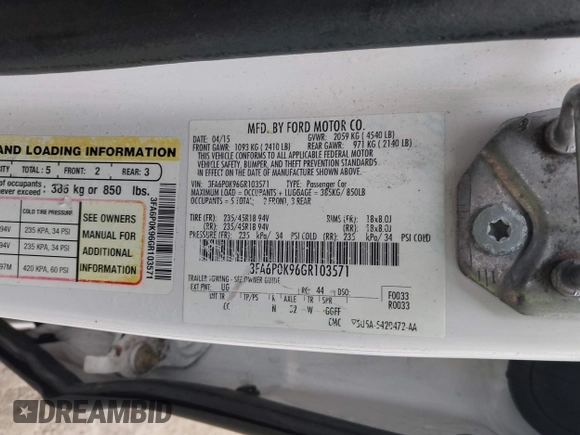 2016 Ford Fusion Titanium with VIN 3FA6P0K96GR103571, listed as a IAAI auction lot 42340764 with 180,870 mi miles and . Bid and sale history available at DreamBid. Image 8.