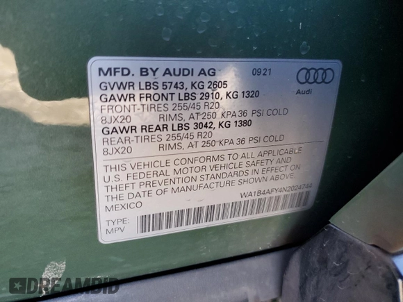 2022 Audi SQ5 Premium Plus with VIN WA1B4AFY4N2024744, listed as a Copart auction lot 80231883 with 32,210 mi miles and . Bid and sale history available at DreamBid. Image 12.