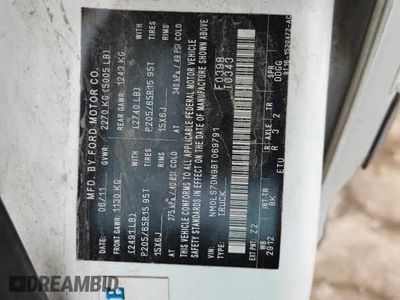 2011 Ford Transit Connect XLT with VIN NM0LS7DN9BT069791, listed as a Copart auction lot 59962725 with 228,380 mi miles and Salvage title. Bid and sale history available at DreamBid. Image 13.