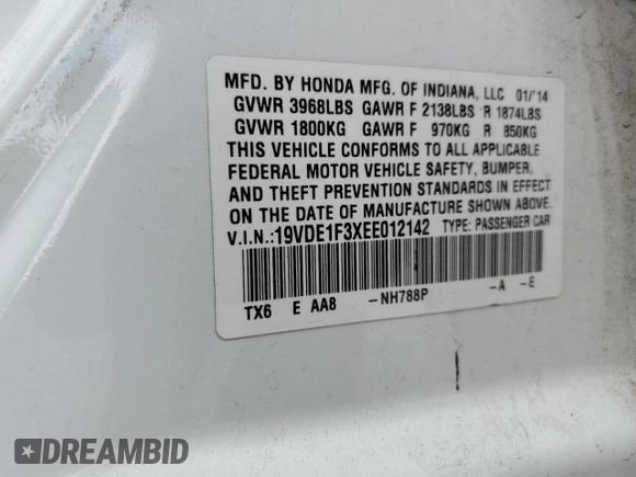 2014 Acura ILX with VIN 19VDE1F3XEE012142, listed as a Copart auction lot 54797865 with 73,130 mi miles and Salvage title. Bid and sale history available at DreamBid. Image 13.