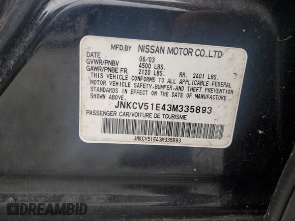 2003 Infiniti G35 w/Leather with VIN JNKCV51E43M335893, listed as a Copart auction lot 60824014 with Not Provided miles and Non Repairable. Bid and sale history available at carsss.com. Image 12.