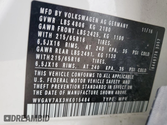 2017 Volkswagen Tiguan S z VIN WVGAV7AX3HK015484, wystawiony jako Copart lot #54958235 z przebiegiem 56 100 mil mil oraz Szkoda całkowita • Salvage title. Historia ofert i sprzedaży dostępna na DreamBid. Obrazek 14.