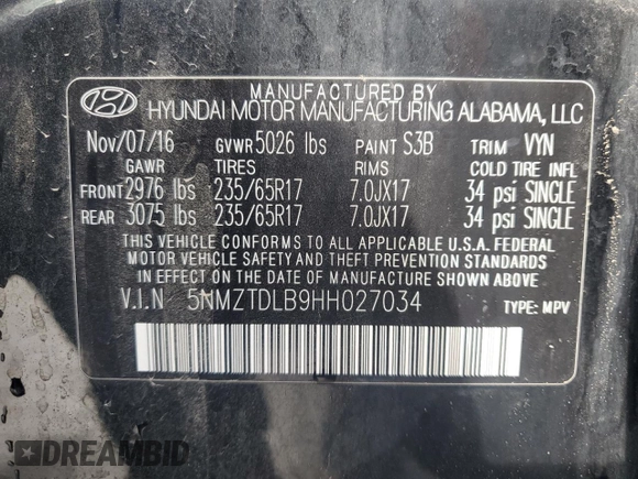 2017 Hyundai Santa Fe 2.4L with VIN 5NMZTDLB9HH027034, listed as a Copart auction lot 47347205 with 98,242 mi miles and Salvage title. Bid and sale history available at DreamBid. Image 14.