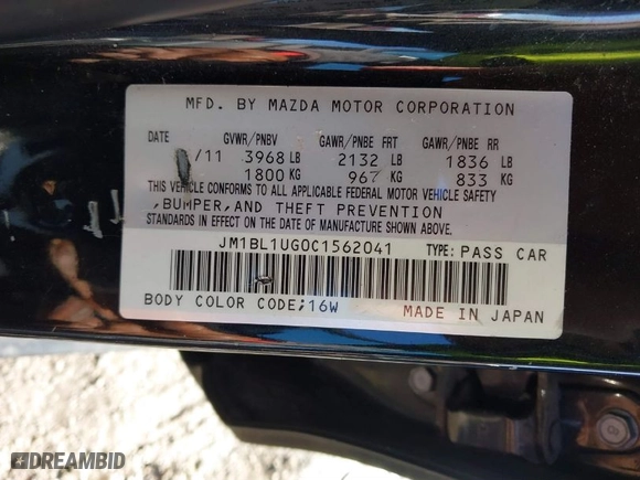 2012 Mazda Mazda3 i Sport with VIN JM1BL1UG0C1562041, listed as a IAAI auction lot 41453441 with NaN miles. Bid and sale history available at carsss.com. Image 9.