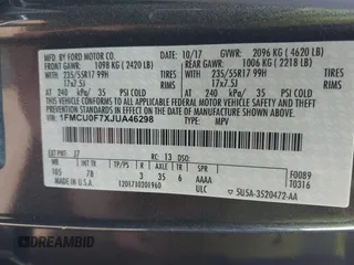 2018 Ford Escape S with VIN 1FMCU0F7XJUA46298, listed as a IAAI auction lot 42441527 with 57,508 mi miles and . Bid and sale history available at DreamBid. Image 9.