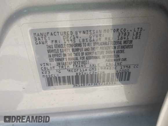 2014 Nissan Sentra SV with VIN 3N1AB7AP3EY218551, listed as a IAAI auction lot 42576105 with 121,621 mi miles and . Bid and sale history available at DreamBid. Image 9.
