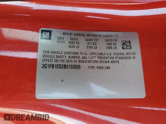 2011 Chevrolet Camaro 1LT with VIN 2G1FB1ED2B9150585, listed as a Copart auction lot 45028315 with 137,671 mi miles and Salvage title. Bid and sale history available at DreamBid. Image 12.