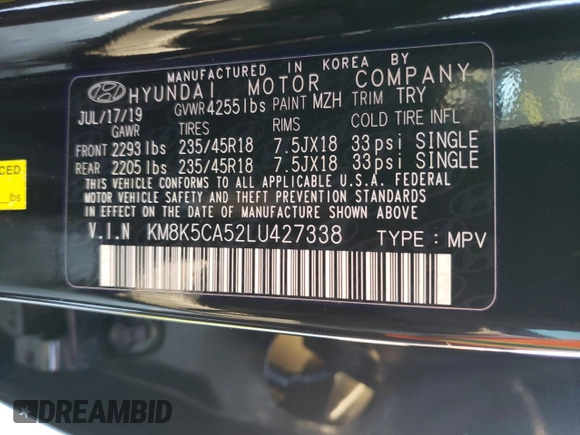 2020 Hyundai Kona Ultimate with VIN KM8K5CA52LU427338, listed as a Copart auction lot 67275882 with 32,864 mi miles. Bid and sale history available at carsss.com. Image 12.