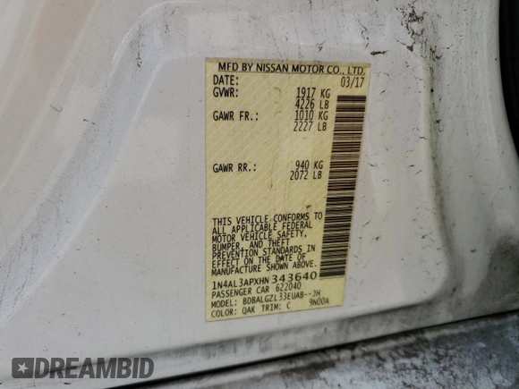 2017 Nissan Altima S with VIN 1N4AL3APXHN343640, listed as a Copart auction lot 52741695 with 157,191 mi miles and Clean Title. Bid and sale history available at DreamBid. Image 12.