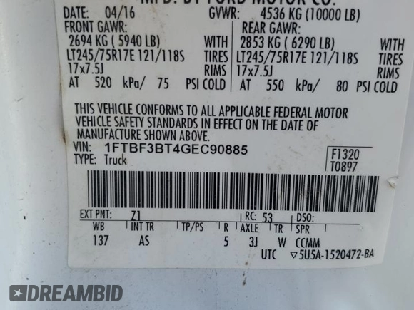 2016 Ford F-350 with VIN 1FTBF3BT4GEC90885, listed as a Copart auction lot 87760485 with Not provided miles and Salvage title. Bid and sale history available at DreamBid. Image 12.