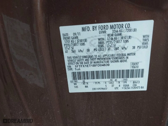 2011 Ford F-150 XL with VIN 1FTFX1ET1BFD04839, listed as a IAAI auction lot 41681744 with 147,091 mi miles. Bid and sale history available at carsss.com. Image 9.