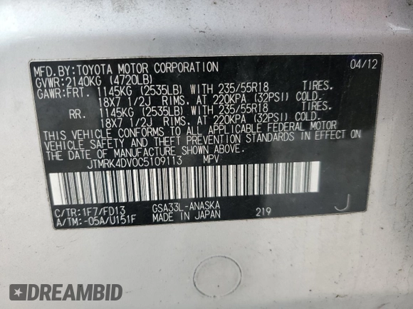 2012 Toyota RAV4 Sport with VIN JTMRK4DV0C5109113, listed as a Copart auction lot 43638555 with 139,639 mi miles and Salvage Title. Bid and sale history available at carsss.com. Image 15.