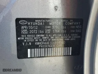 2013 Hyundai Elantra GLS PZEV with VIN KMHDH4AE1DU514560, listed as a Copart auction lot 53950225 with 180,460 mi miles and Clean Title. Bid and sale history available at carsss.com. Image 12.