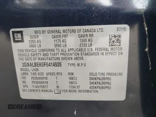 2015 Chevrolet Equinox LT z VIN 2GNALBEK6F6414926, wystawiony jako IAAI lot #42474334 z przebiegiem 177 435 mil mil oraz . Historia ofert i sprzedaży dostępna na DreamBid. Obrazek 9.