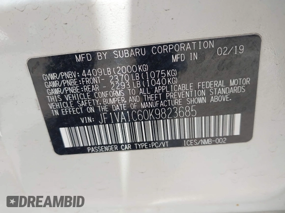 2019 Subaru WRX Premium with VIN JF1VA1C60K9823685, listed as a IAAI auction lot 42637332 with 97,986 mi miles and . Bid and sale history available at DreamBid. Image 9.