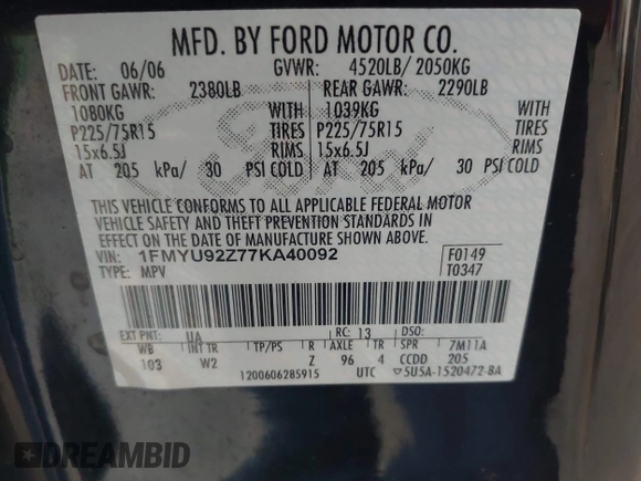 2007 Ford Escape XLS with VIN 1FMYU92Z77KA40092, listed as a IAAI auction lot 41983472 with 138,827 mi miles and . Bid and sale history available at DreamBid. Image 9.