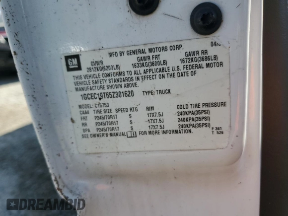 2005 Chevrolet Silverado 1500 z VIN 1GCEC19T65Z301620, wystawiony jako Copart lot #75675644 z przebiegiem Nie podano mil oraz Szkoda całkowita • Salvage title. Historia ofert i sprzedaży dostępna na DreamBid. Obrazek 12.