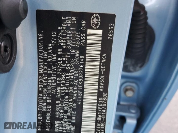 2013 Toyota Camry L with VIN 4T4BF1FK9DR276148, listed as a Copart auction lot 85426784 with 91,678 mi miles and Salvage Title. Bid and sale history available at DreamBid. Image 12.