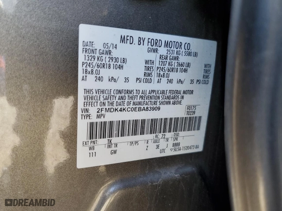 2014 Ford Edge Limited with VIN 2FMDK4KC0EBA83909, listed as a Copart auction lot 54510345 with 109,576 mi miles and Clean Title. Bid and sale history available at carsss.com. Image 13.