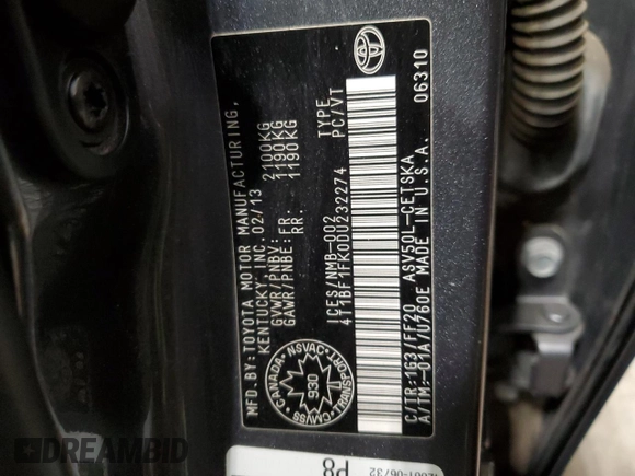 2013 Toyota Camry L with VIN 4T1BF1FK0DU232274, listed as a Copart auction lot 79095734 with 174,251 mi miles and Salvage Title. Bid and sale history available at carsss.com. Image 12.