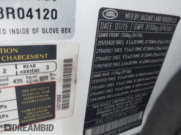 2015 Land Rover Range Rover Supercharged with VIN SALGS2TF9FA213352, listed as a IAAI auction lot 41685768 with 100,994 mi miles and . Bid and sale history available at DreamBid. Image 9.