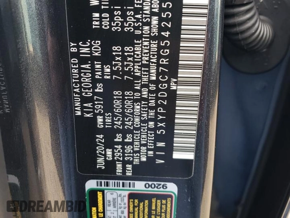 2024 Kia Telluride LX z VIN 5XYP2DGC7RG542557, wystawiony jako Copart lot #82623894 z przebiegiem 86 mil mil oraz Szkoda całkowita • Salvage title. Historia ofert i sprzedaży dostępna na DreamBid. Obrazek 12.