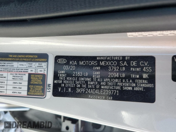 2020 Kia Forte LXS with VIN 3KPF24AD4LE239771, listed as a Copart auction lot 51387005 with 67,333 mi miles and Salvage Title. Bid and sale history available at carsss.com. Image 12.