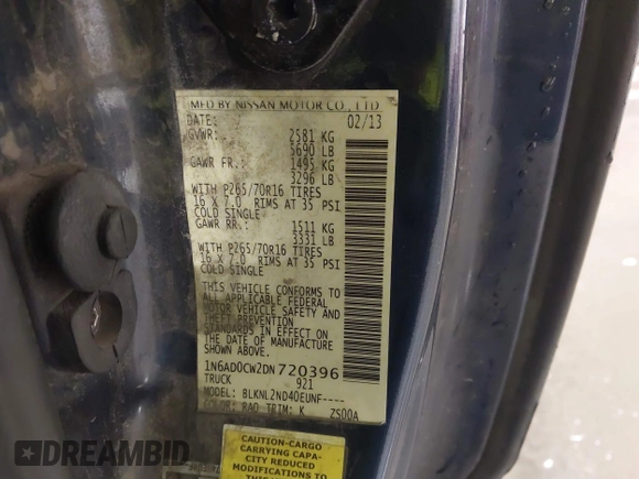 2013 Nissan Frontier SV with VIN 1N6AD0CW2DN720396, listed as a IAAI auction lot 42164790 with 189,055 mi miles and . Bid and sale history available at DreamBid. Image 9.