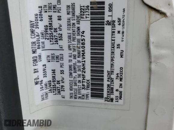 1997 Ford F-250 z VIN 3FTHF26H1VMA08574, wystawiony jako Copart lot #61541455 z przebiegiem Nie podano mil oraz Szkoda całkowita • Salvage title. Historia ofert i sprzedaży dostępna na DreamBid. Obrazek 12.