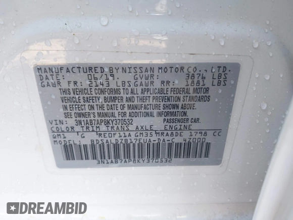 2019 Nissan Sentra S with VIN 3N1AB7AP8KY370532, listed as a IAAI auction lot 42097792 with 65,604 mi miles and . Bid and sale history available at DreamBid. Image 9.
