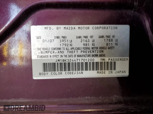2007 Mazda 3 S Touring with VIN JM1BK324471701200, listed as a Copart auction lot 49267535 with 108,729 mi miles and Salvage Title. Bid and sale history available at DreamBid. Image 12.