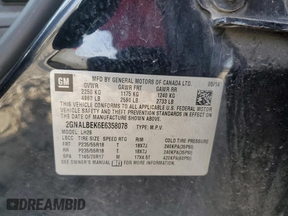 2014 Chevrolet Equinox LT with VIN 2GNALBEK6E6358078, listed as a Copart auction lot 47094925 with 131,515 mi miles and Salvage Title. Bid and sale history available at DreamBid. Image 14.