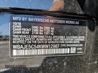 2019 BMW 5 Series 540i with VIN WBAJE5C54KWW12967, listed as a Copart auction lot 58490535 with 91,758 mi miles and Salvage title. Bid and sale history available at DreamBid. Image 12.
