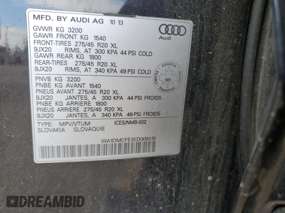 2014 Audi Q7 z VIN WA1DMCFE3ED008419, wystawiony jako Copart lot #56144315 z przebiegiem Nie podano mil oraz Szkoda całkowita • Salvage title. Historia ofert i sprzedaży dostępna na DreamBid. Obrazek 13.