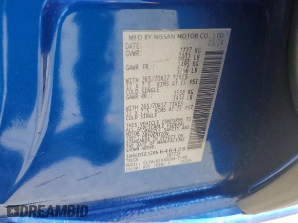2024 Nissan Frontier Pro-X z VIN 1N6ED1EJ2RN646428, wystawiony jako Copart lot #44304215 z przebiegiem 5 853 mil mil oraz Szkoda całkowita • Salvage title. Historia ofert i sprzedaży dostępna na DreamBid. Obrazek 15.