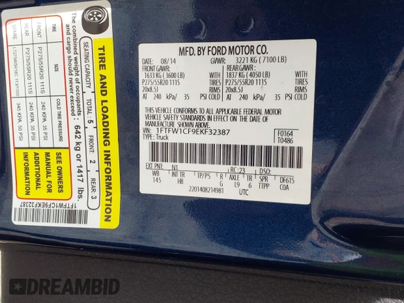 2014 Ford F-150 XL with VIN 1FTFW1CF9EKF32387, listed as a IAAI auction lot 41640625 with 231,557 mi miles and . Bid and sale history available at DreamBid. Image 9.