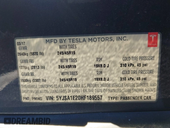 2017 Tesla Model S 100D z VIN 5YJSA1E20HF189557, wystawiony jako IAAI lot #41546084 z przebiegiem 253 218 mil mil oraz . Historia ofert i sprzedaży dostępna na DreamBid. Obrazek 9.