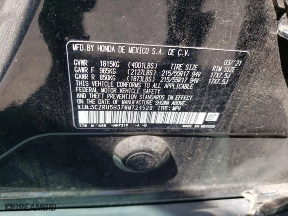 2021 Honda HR-V LX with VIN 3CZRU5H37MM724529, listed as a Copart auction lot 49702555 with 38,205 mi miles and Salvage Title. Bid and sale history available at carsss.com. Image 14.