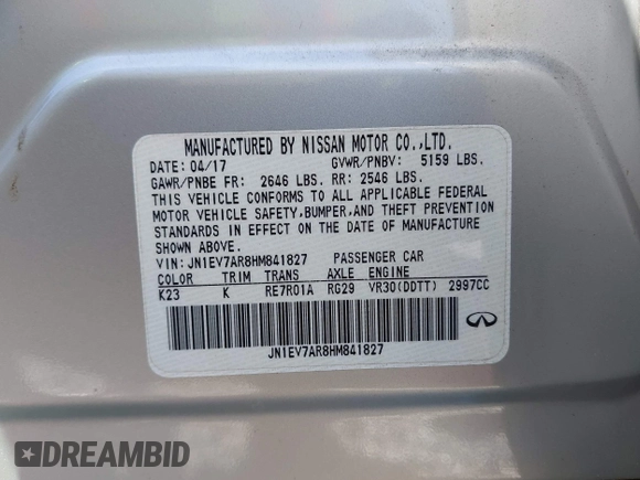 2017 Infiniti Q50 Premium with VIN JN1EV7AR8HM841827, listed as a IAAI auction lot 42663637 with 55,510 mi miles and . Bid and sale history available at DreamBid. Image 9.