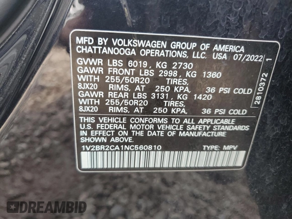 2022 Volkswagen Atlas SEL with VIN 1V2BR2CA1NC560810, listed as a Copart auction lot 63440665 with 54,121 mi miles and Salvage title. Bid and sale history available at DreamBid. Image 13.