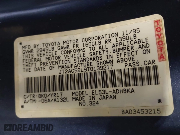 1996 Toyota Tercel DX z VIN JT2AC52L9T0139217, wystawiony jako IAAI lot #41898808 z przebiegiem 86 500 mil mil oraz . Historia ofert i sprzedaży dostępna na DreamBid. Obrazek 9.