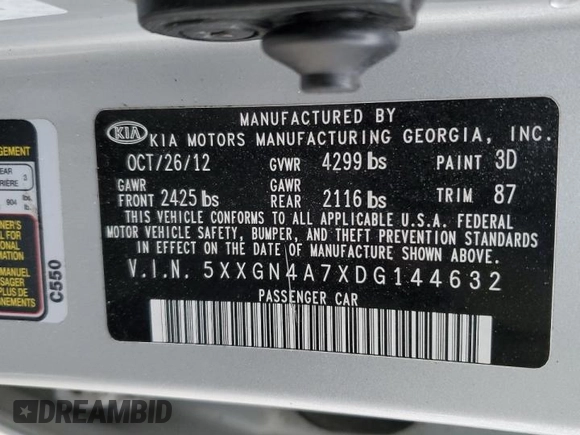 2013 Kia Optima EX z VIN 5XXGN4A7XDG144632, wystawiony jako Copart lot #83599614 z przebiegiem 97 316 mil mil oraz Szkoda całkowita • Salvage title. Historia ofert i sprzedaży dostępna na DreamBid. Obrazek 12.