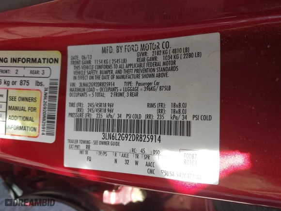 2013 Lincoln MKZ with VIN 3LN6L2G92DR825914, listed as a IAAI auction lot 42020442 with 120,558 mi miles. Bid and sale history available at carsss.com. Image 9.